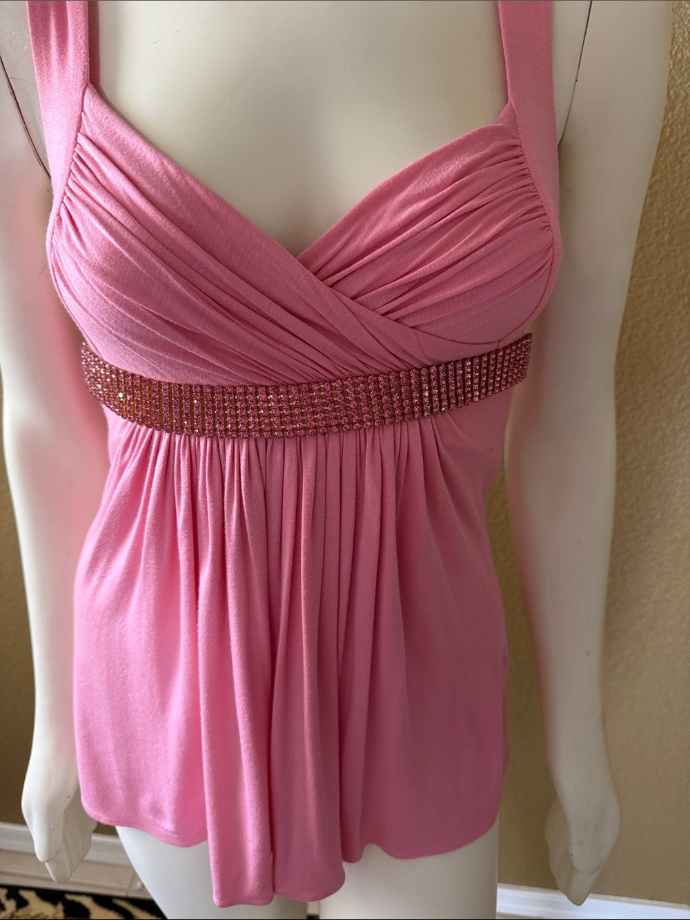 Sky Pink Sleeveless Ruched Empire Waist Top with Embellished Band
